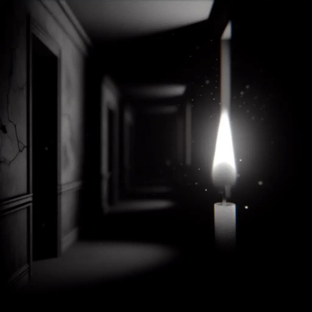 Bliżenie na płomień świecy rozświetlający ciemny korytarz