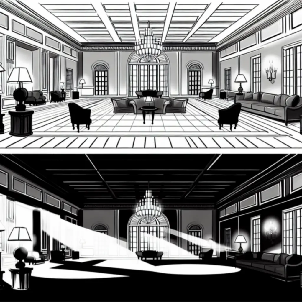 Koncept art do White Night: czarno-białe wnętrze rezydencji