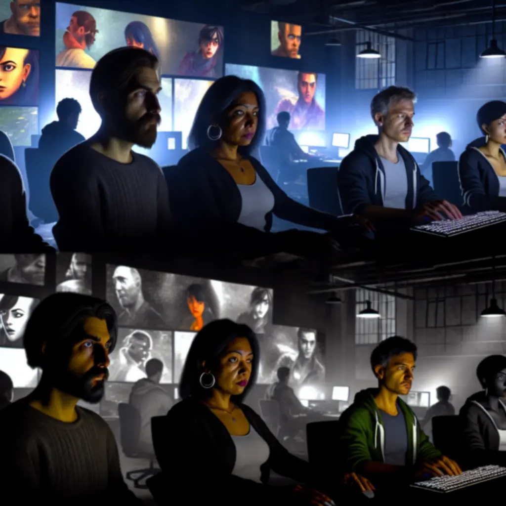 Zespół deweloperski analizuje ujęcia światła i cienia na monitorach