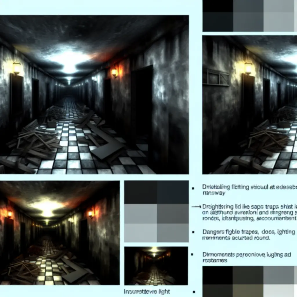 Mroczny korytarz z pułapkami i migotliwym światłem