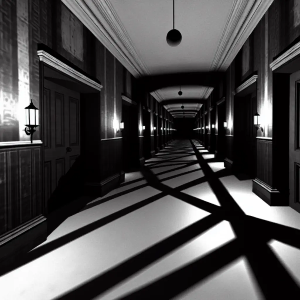 Wąski korytarz rezydencji oświetlony pojedynczymi lampami, z głębokimi cieniami
