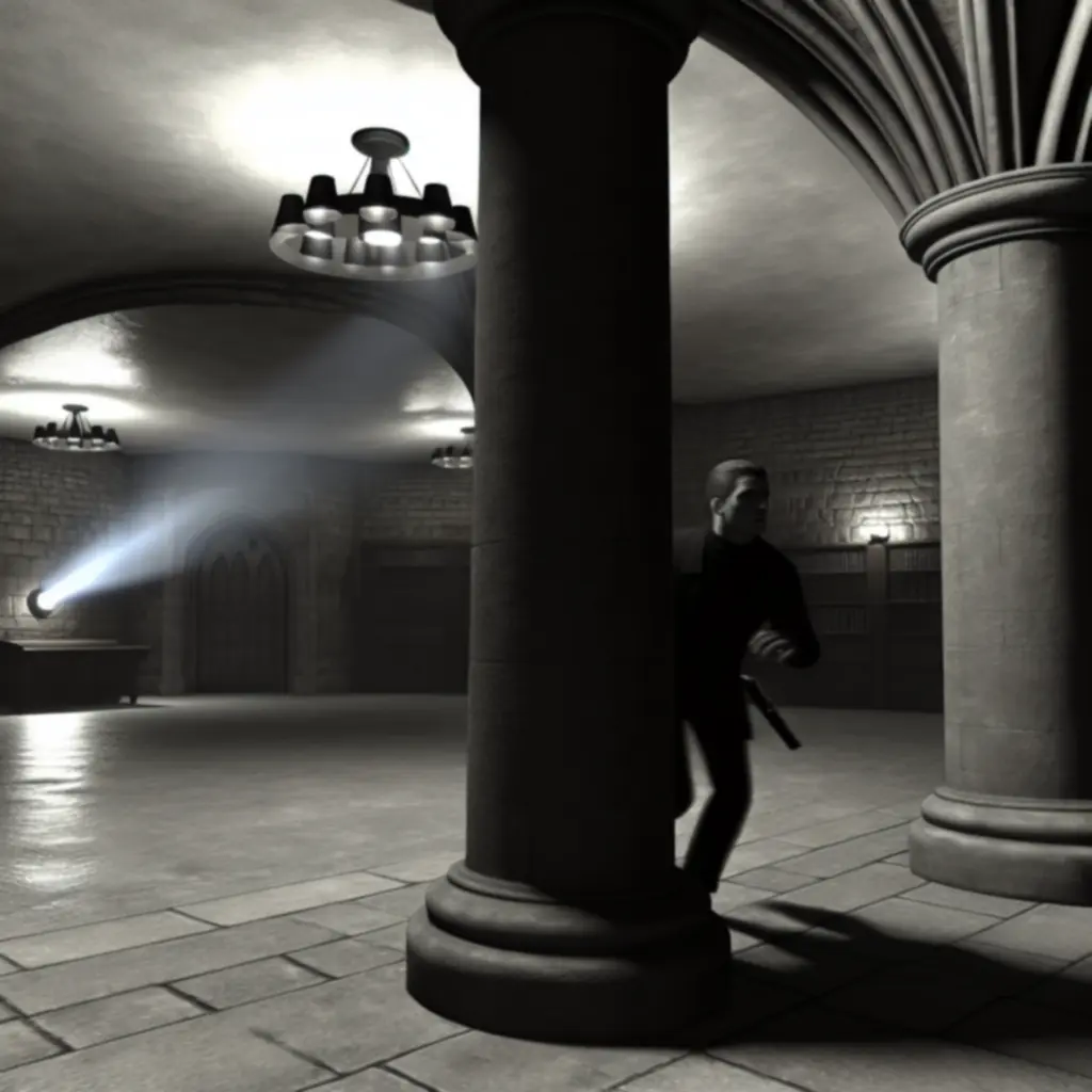 Bohater skrywa się w cieniu za filarem, obserwując patrolującego wroga