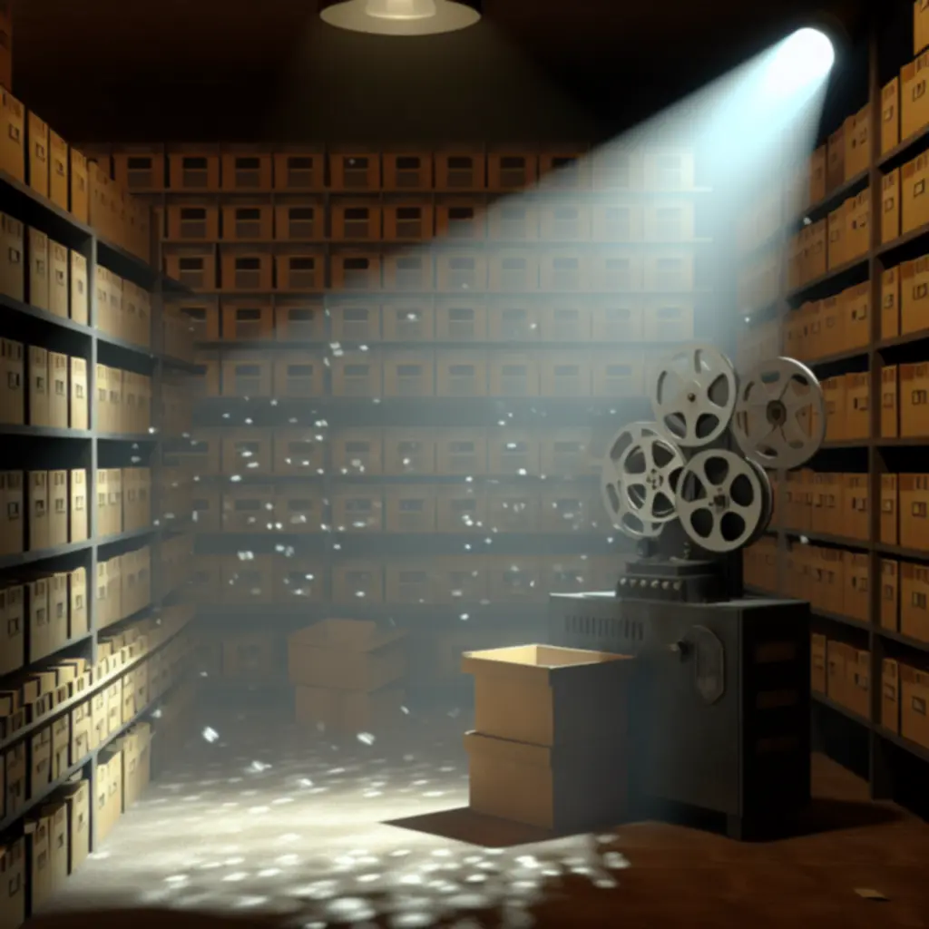 Archiwum z pudełkami akt i projektorem taśmowym w półmroku