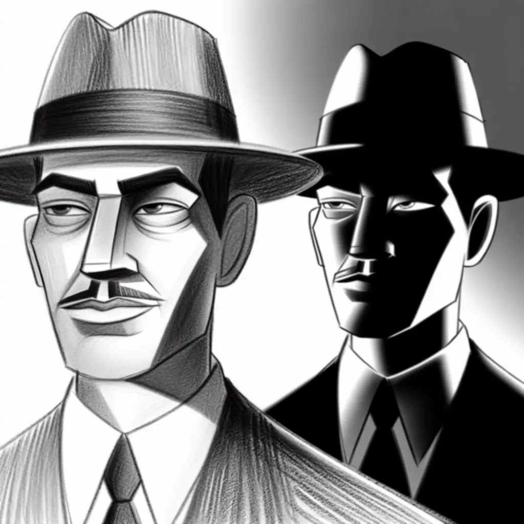 Szkic ołówkowy głównego bohatera w kapeluszu, oświetlony bocznym światłem