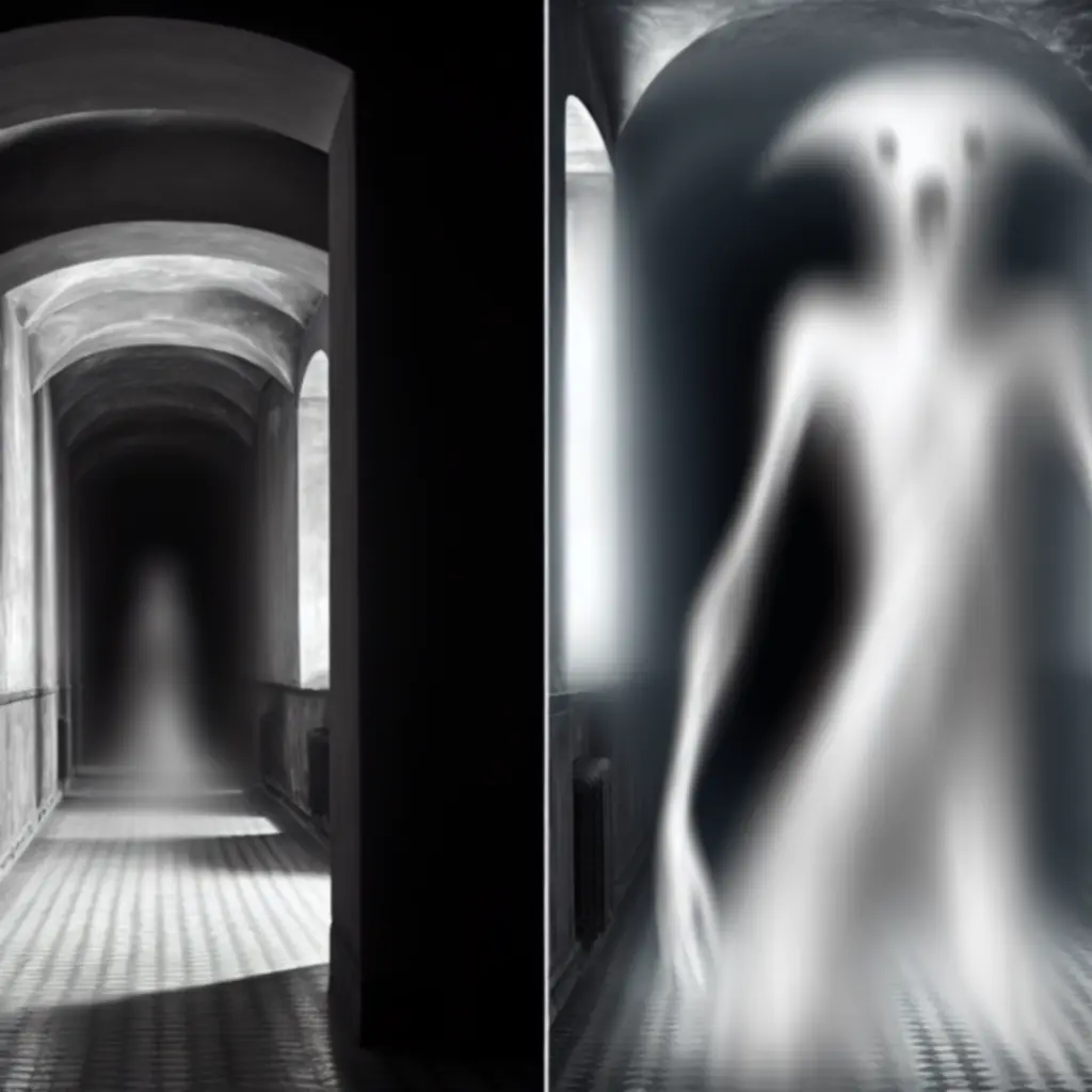 Eteryczne, wydłużone stworzenie ukryte w półmroku korytarza