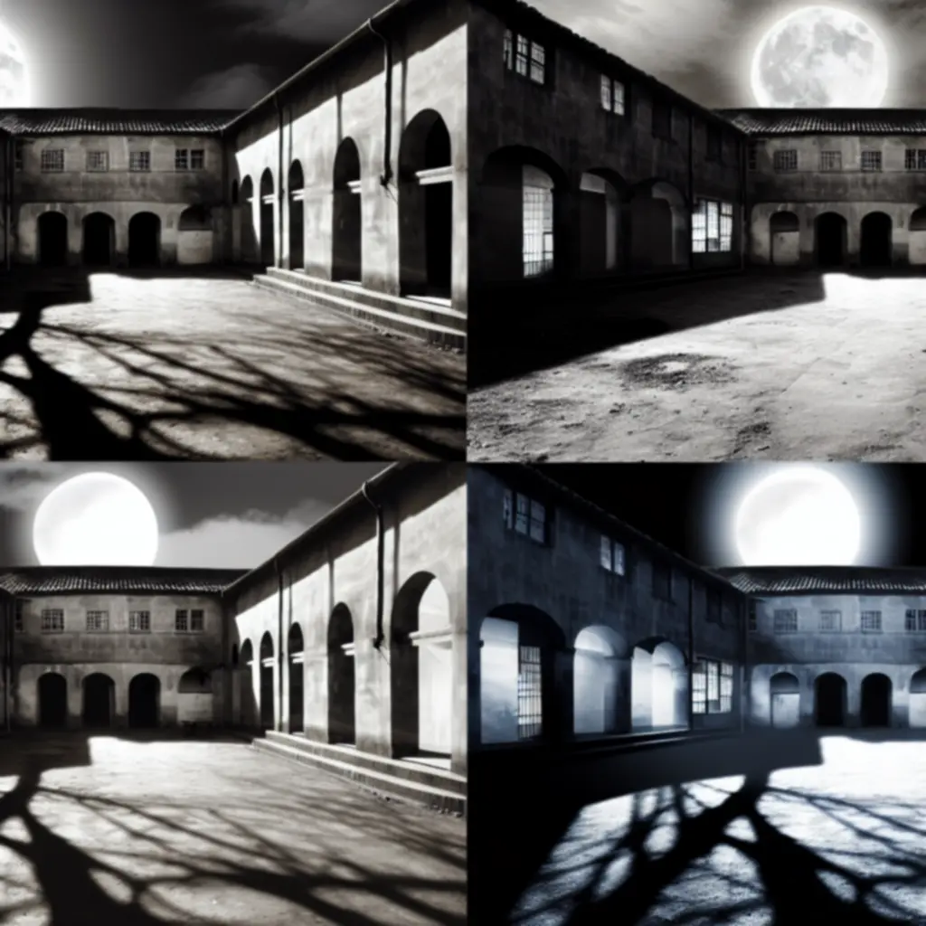 Opuszczony dziedziniec w świetle księżyca, z dramatycznymi cieniami
