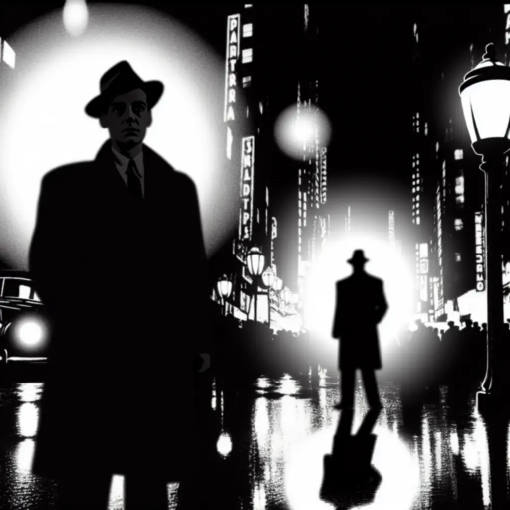 Fanowski plakat w stylistyce noir z bohaterem na tle lamp ulicznych