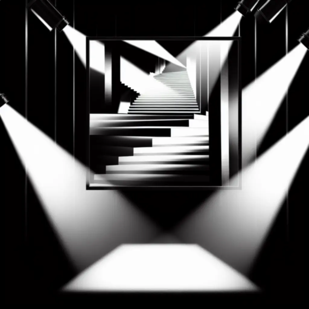 Monochromatyczne schody oświetlone punktowo — silny kontrast czerni i bieli